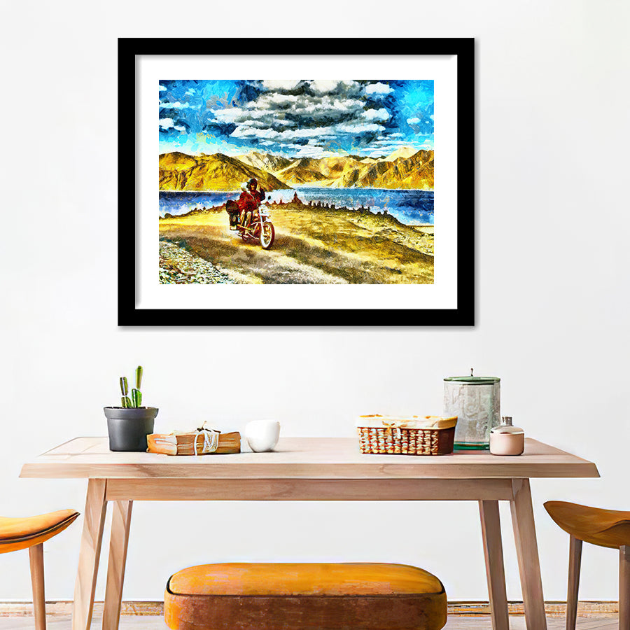 Couple Riding On Motorcycle Among Mountains And Lake Framed Wall Art - Framed Prints, Art Prints, Home Decor, Painting Prints