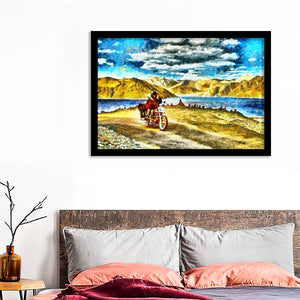 Couple Riding On Motorcycle Among Mountains And Lake Framed Wall Art - Framed Prints, Art Prints, Print for Sale, Painting Prints