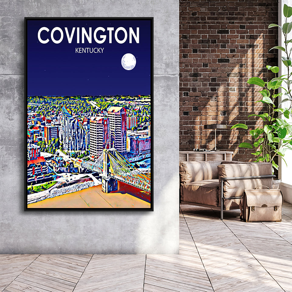 Covington KY Art Night Landscape, Large Canvas, Framed Canvas Print Wall Art Home Decor, Floating Frame