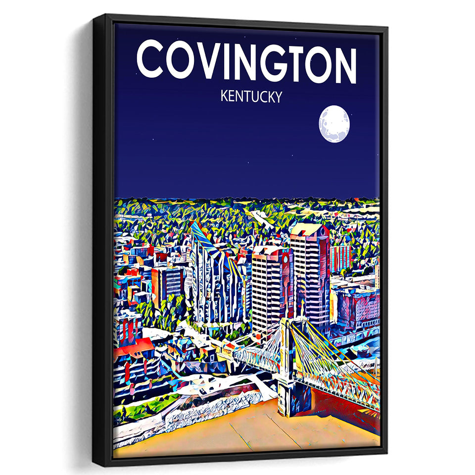 Covington KY Art Night Landscape, Large Canvas, Framed Canvas Print Wall Art Home Decor, Floating Frame