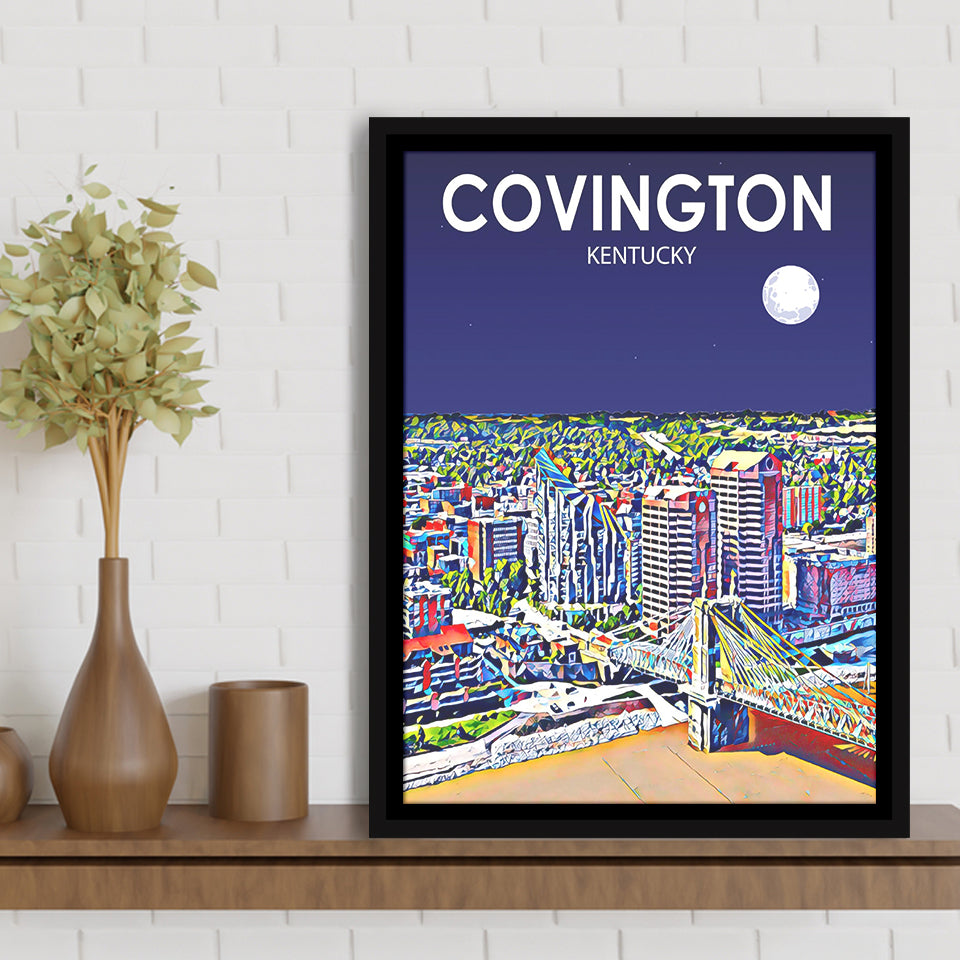 Covington KY Art Night Landscape, Large Canvas, Framed Canvas Print Wall Art Home Decor, Floating Frame