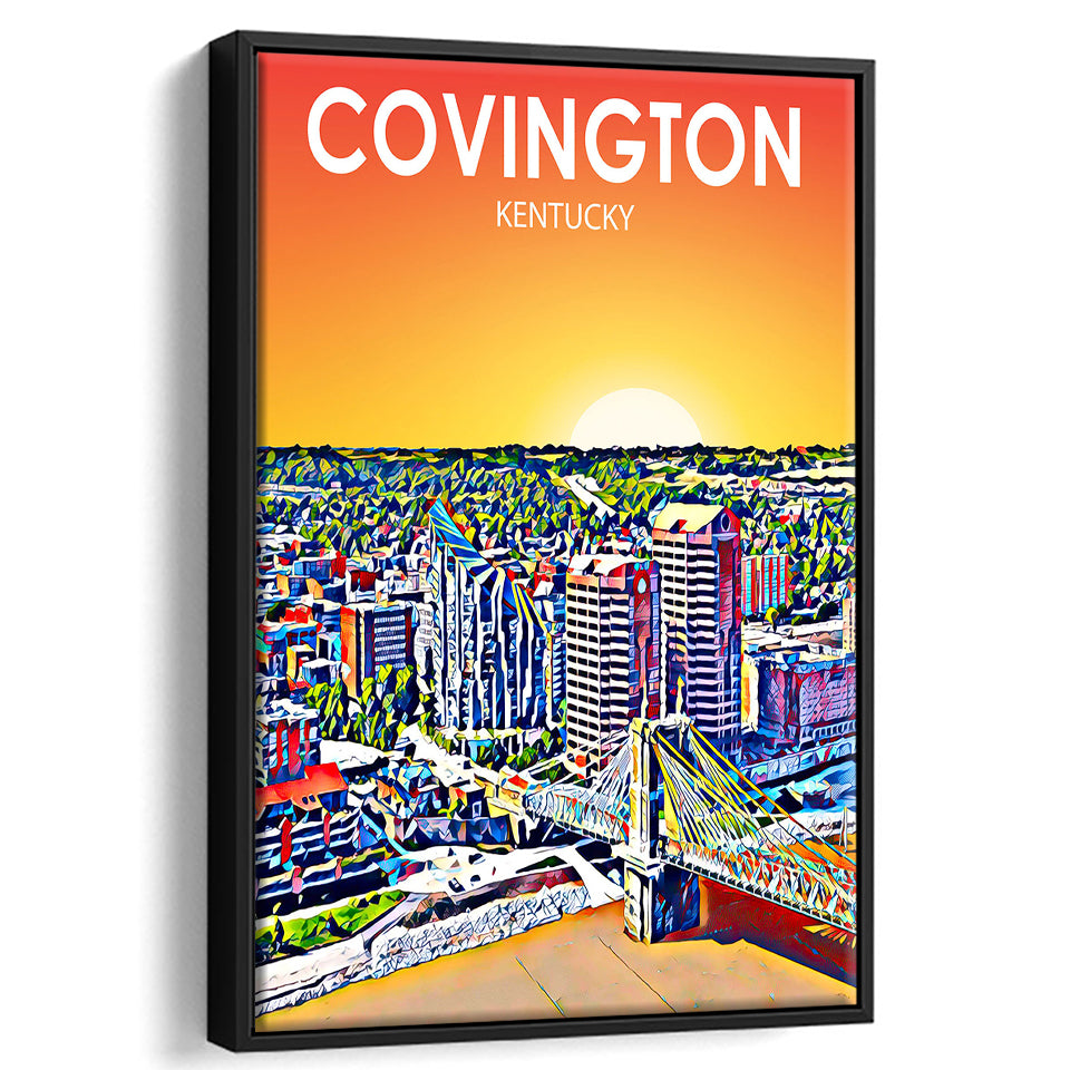 Covington KY Art Sunset Landscape, Large Canvas, Framed Canvas Print Wall Art Home Decor, Floating Frame