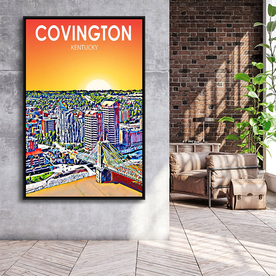 Covington KY Art Sunset Landscape, Large Canvas, Framed Canvas Print Wall Art Home Decor, Floating Frame