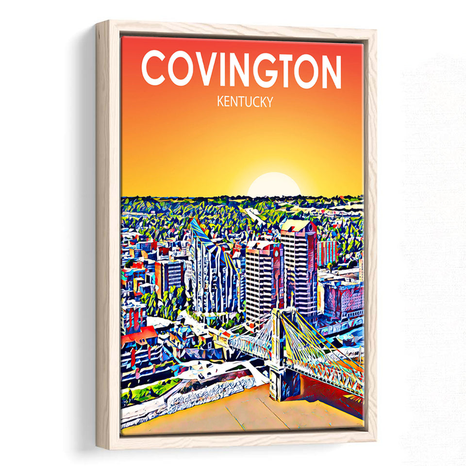 Covington KY Art Sunset Landscape, Large Canvas, Framed Canvas Print Wall Art Home Decor, Floating Frame