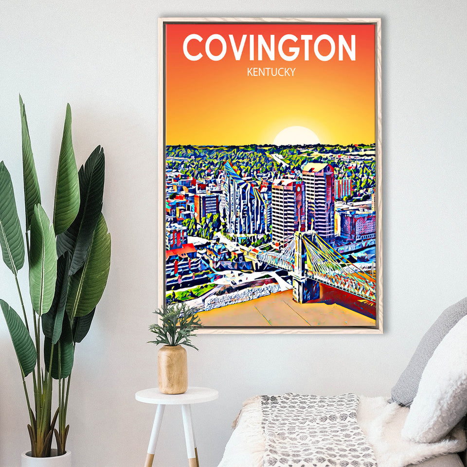 Covington KY Art Sunset Landscape, Large Canvas, Framed Canvas Print Wall Art Home Decor, Floating Frame