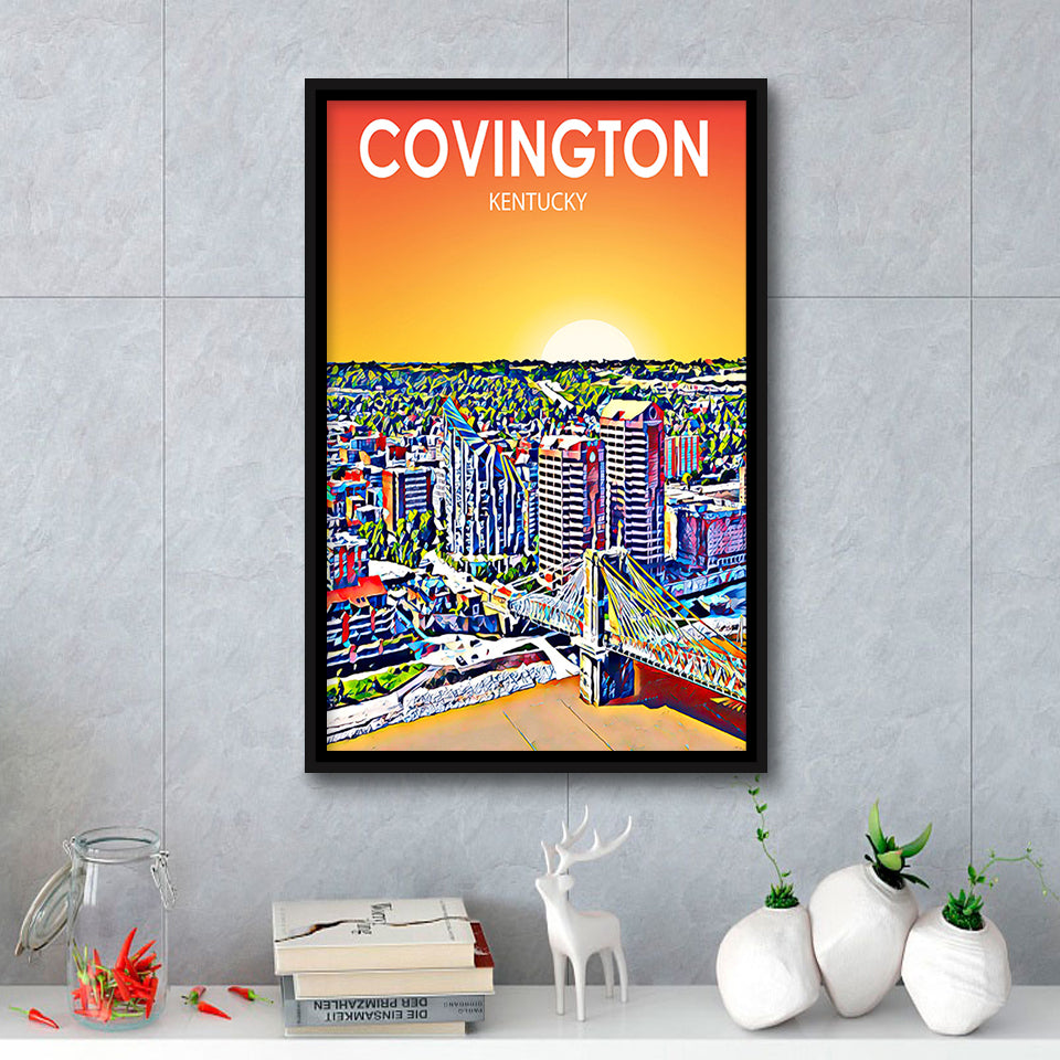 Covington KY Art Sunset Landscape, Large Canvas, Framed Canvas Print Wall Art Home Decor, Floating Frame