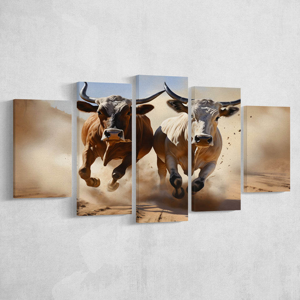 Cow Racing Art 5 Panels Canvas Prints Wall Art Home Decor, Large Mixed Canvas