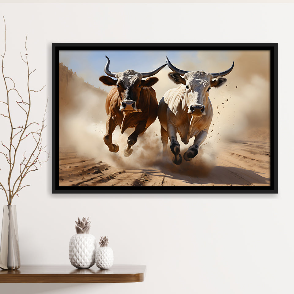 Cow Racing Art Framed Canvas Prints Wall Art Home Decor, Painting Canvas, Floating Frame