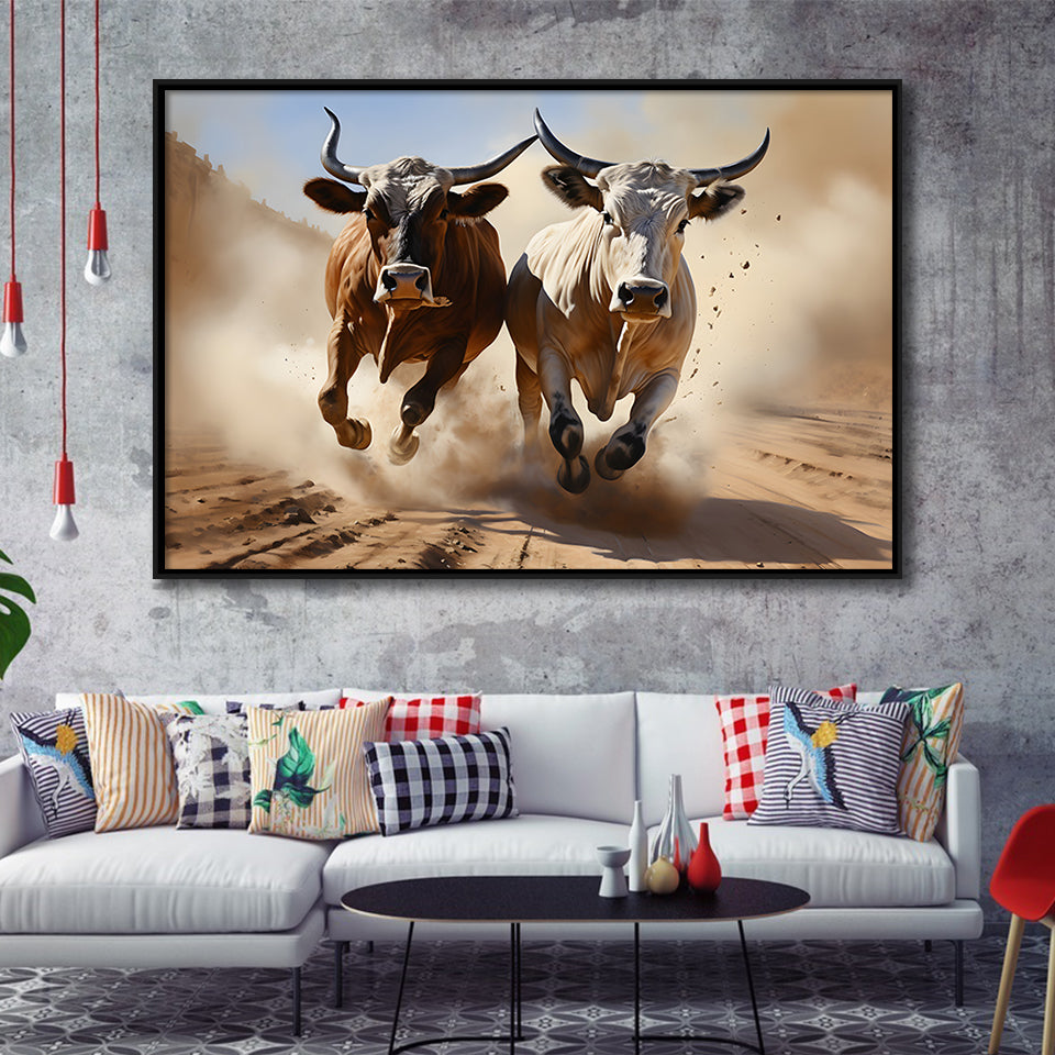 Cow Racing Art Framed Canvas Prints Wall Art Home Decor, Painting Canvas, Floating Frame