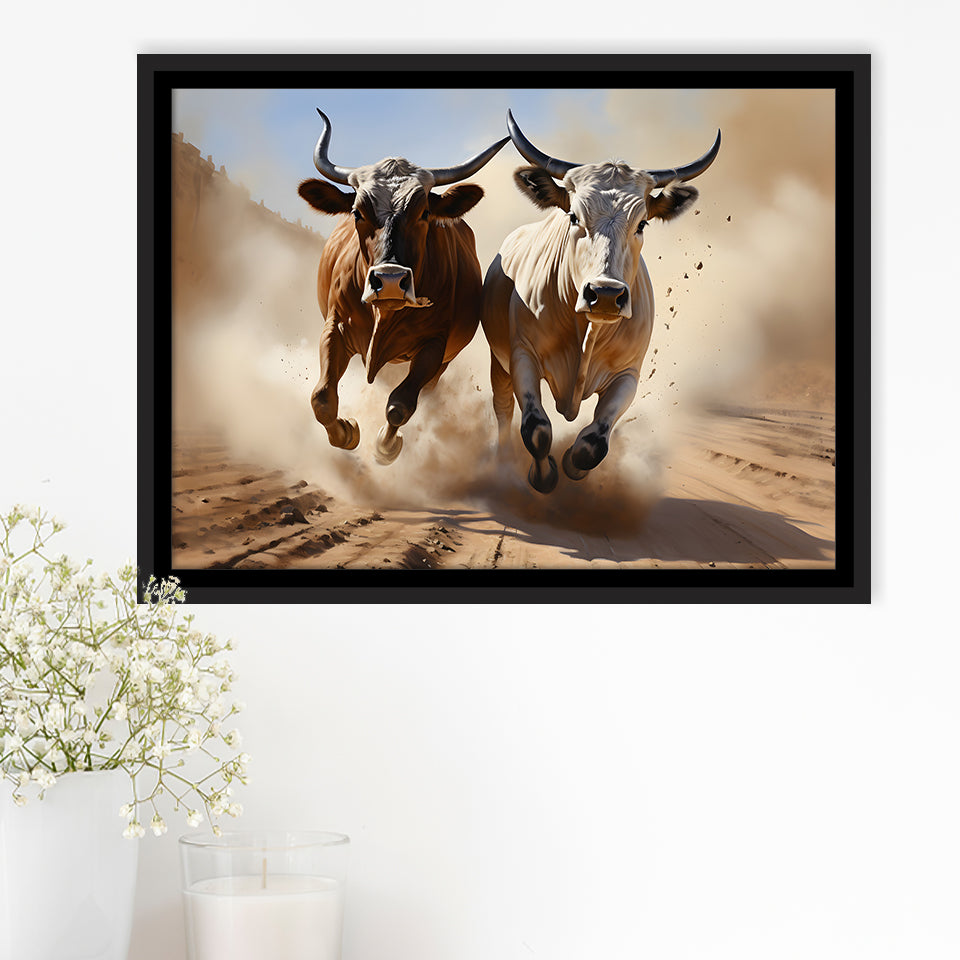 Cow Racing Art Framed Canvas Prints Wall Art Home Decor, Painting Canvas, Floating Frame