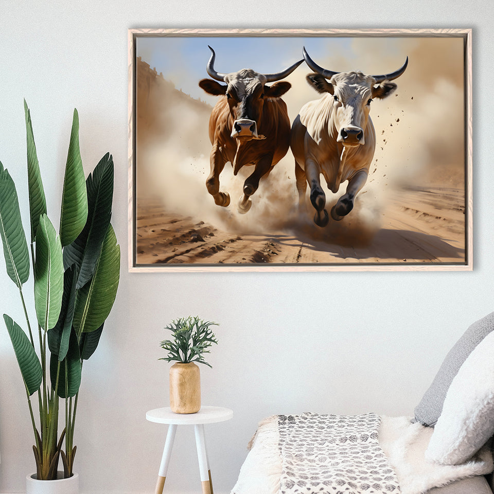 Cow Racing Art Framed Canvas Prints Wall Art Home Decor, Painting Canvas, Floating Frame