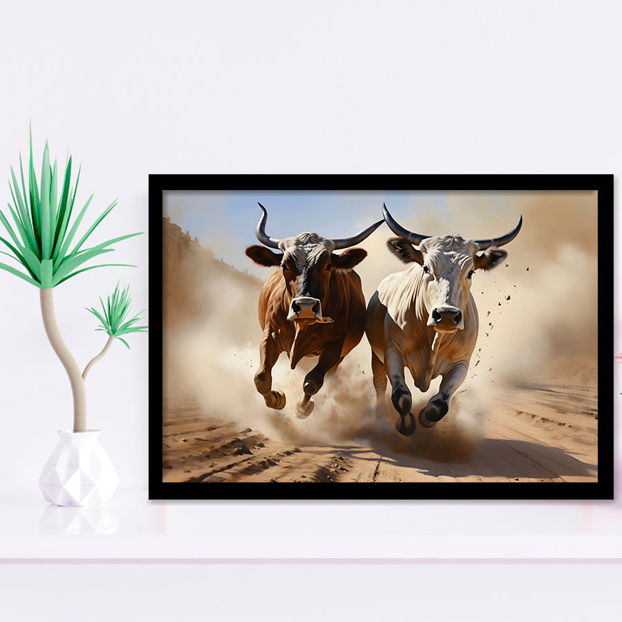 Cow Racing Art Framed Art Prints Wall Decor, Painting Art, Framed Picture