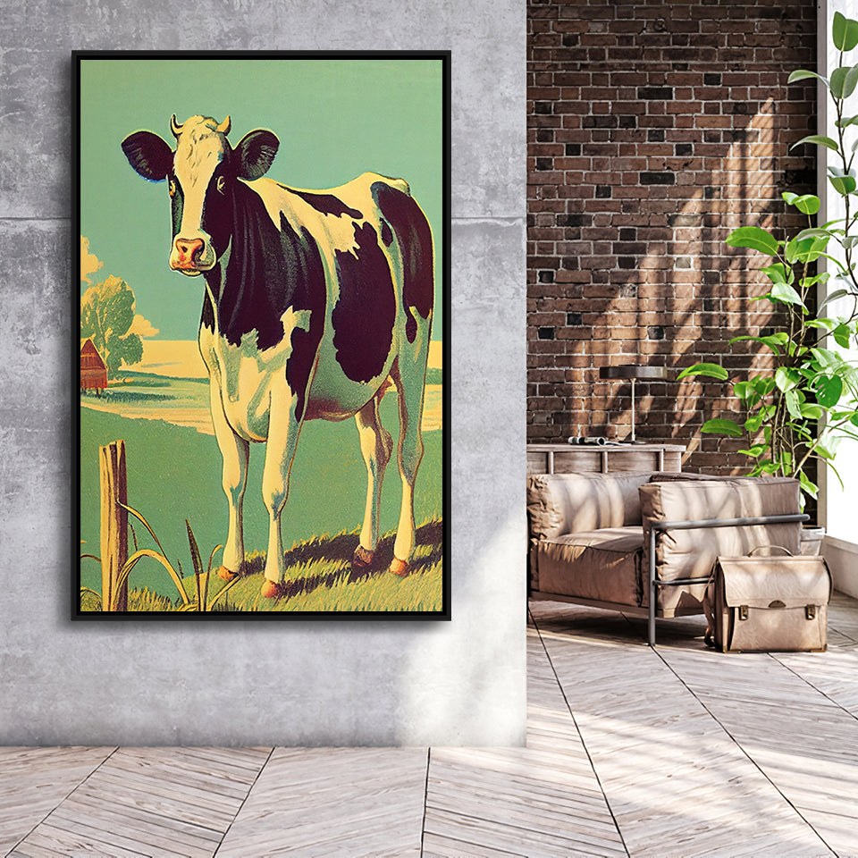 Cow Retro Art Print, Large Canvas, Framed Canvas Print Wall Art Home Decor, Floating Frame
