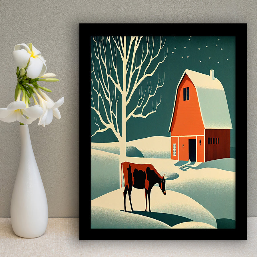 Cow and Barn Retro Art Print, City Art Print, Framed Art Print Wall Art Home Decor, Framed Picture