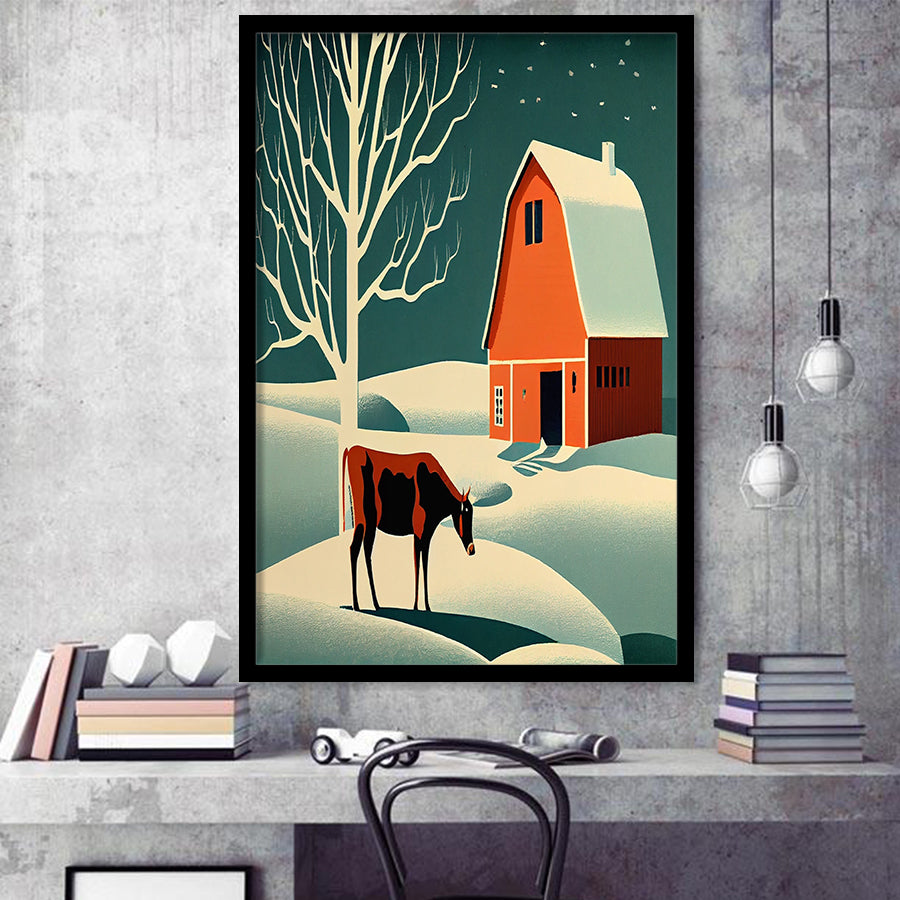 Cow and Barn Retro Art Print, City Art Print, Framed Art Print Wall Art Home Decor, Framed Picture