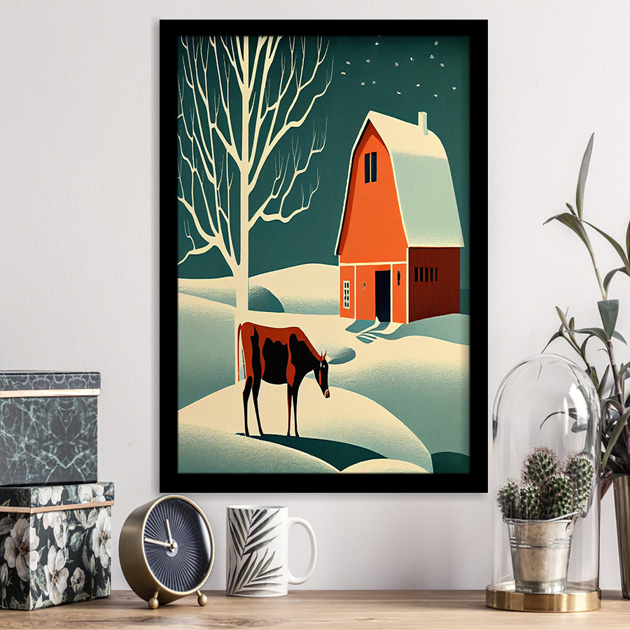 Cow and Barn Retro Art Print, City Art Print, Framed Art Print Wall Art Home Decor, Framed Picture