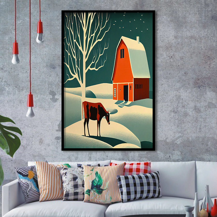 Cow and Barn Retro Art Print, City Art Print, Framed Art Print Wall Art Home Decor, Framed Picture