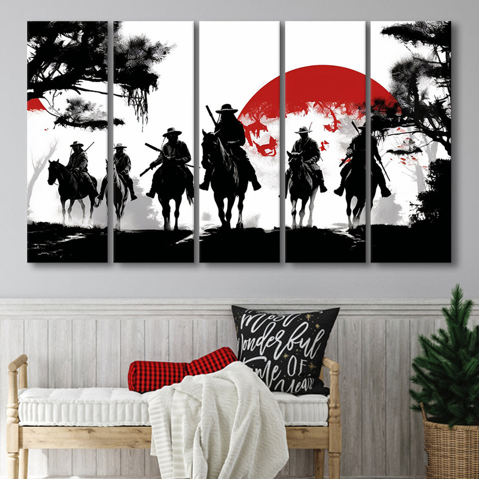 Cow Boy In Sunset Japan Style, 5 Panel B Canvas Prints Wall Art, Extra Large Canvas Decor