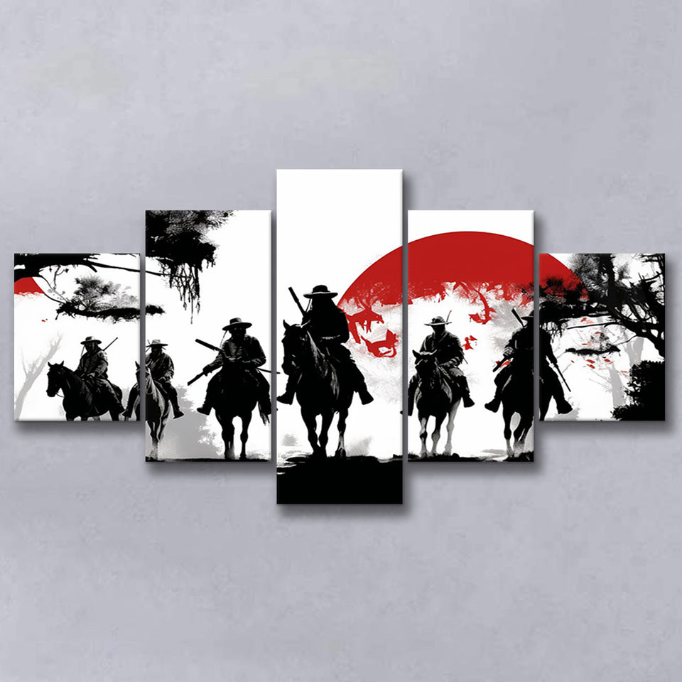 Cow Boy In Sunset Japan Style, 5 Panel Canvas Prints Wall Art,Mixed Canvas, Large Canvas