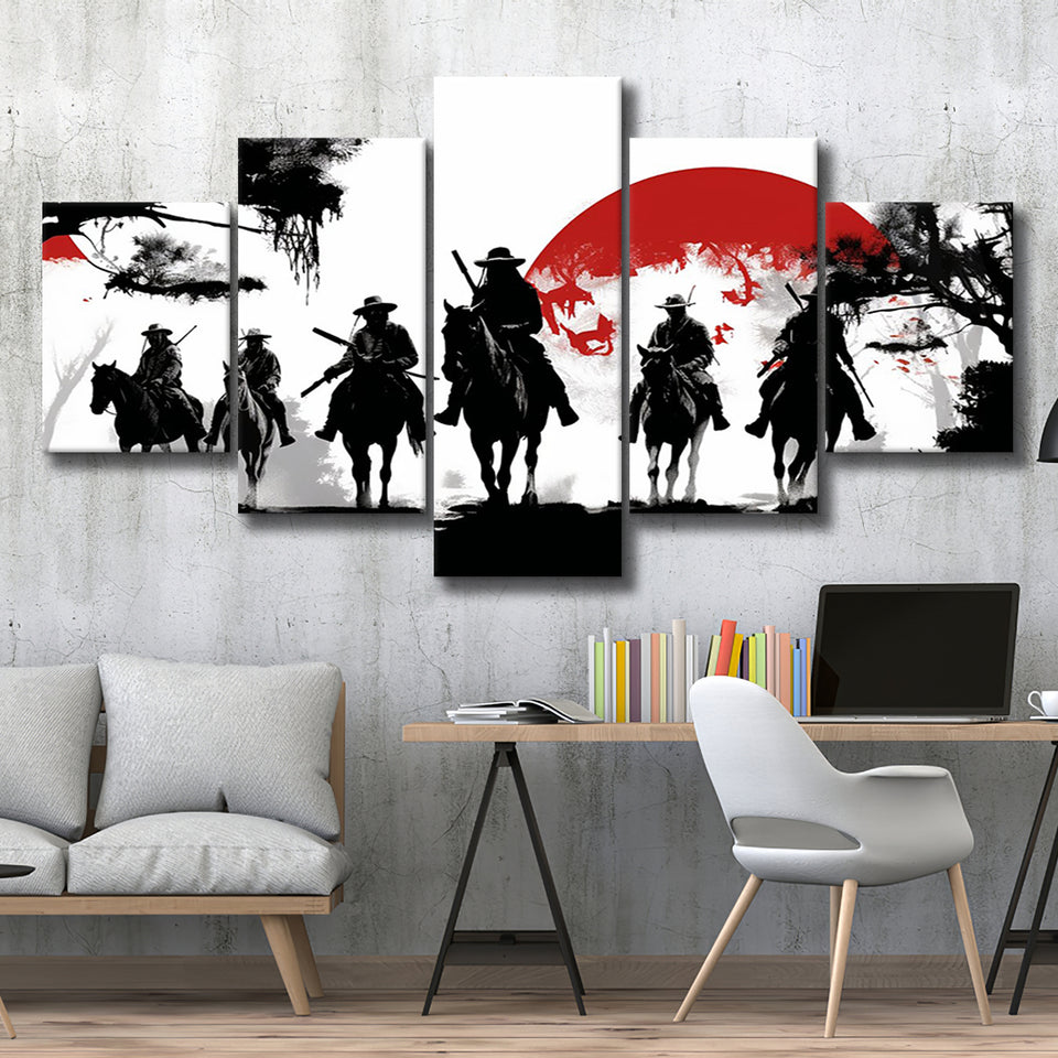 Cow Boy In Sunset Japan Style, 5 Panel Canvas Prints Wall Art,Mixed Canvas, Large Canvas