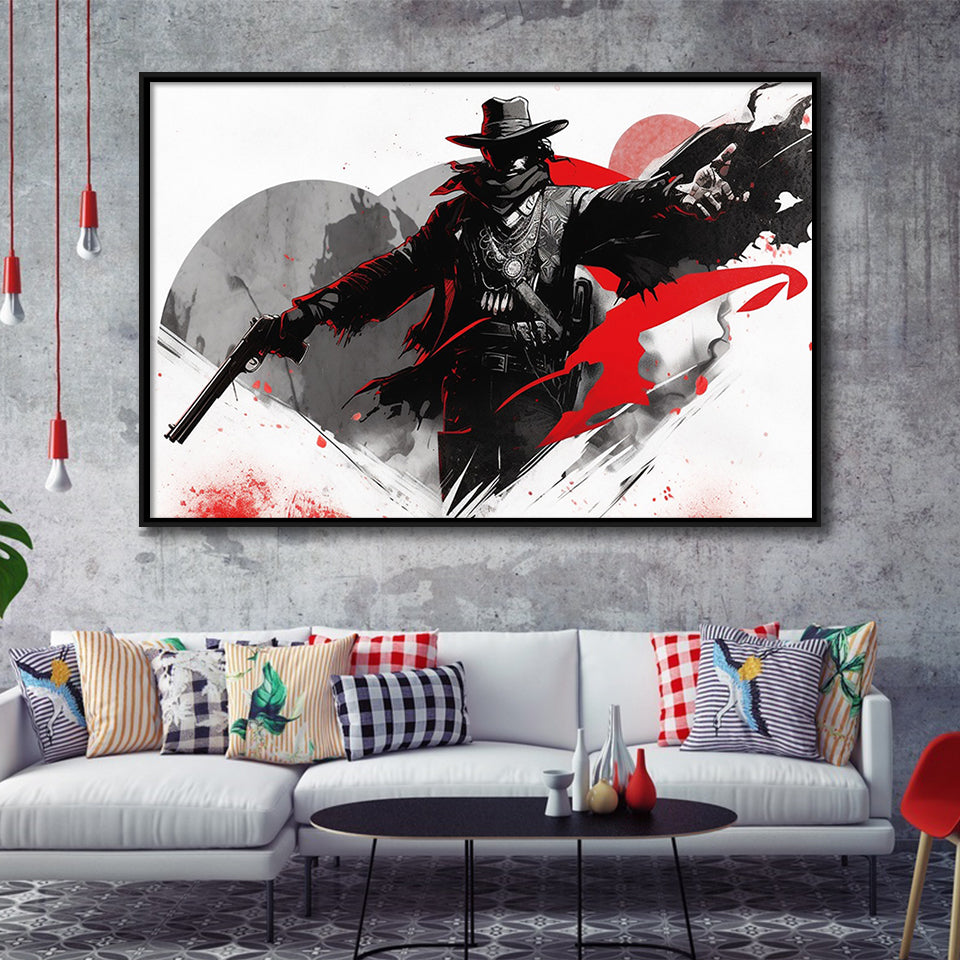 Cowboy Black And Red Framed Canvas Prints Wall Art, Floating Frame, Large Canvas Home Decor