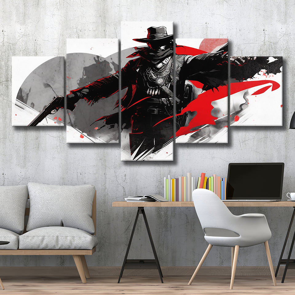 Cowboy Black And Red, 5 Panel Canvas Prints Wall Art,Mixed Canvas, Large Canvas