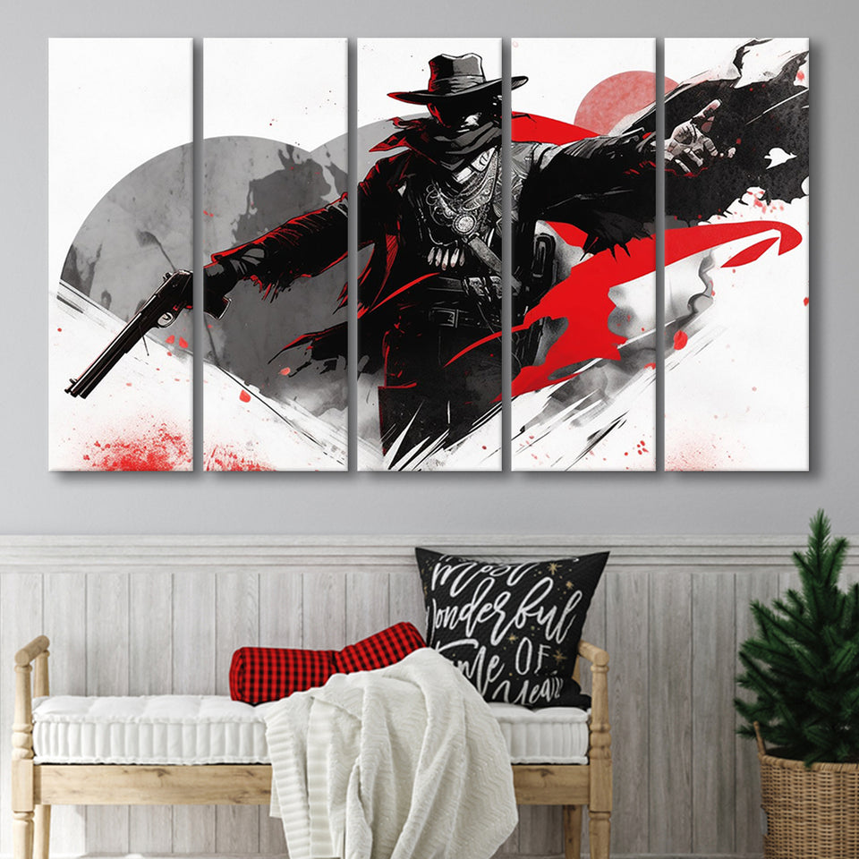 Cowboy Black And Red, 5 Panel B Canvas Prints Wall Art, Extra Large Canvas Decor