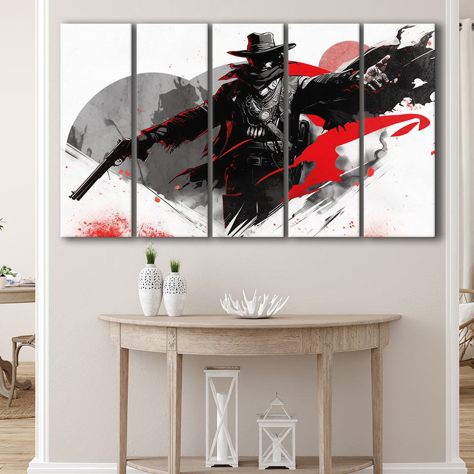 Cowboy Black And Red, 5 Panel B Canvas Prints Wall Art, Extra Large Canvas Decor