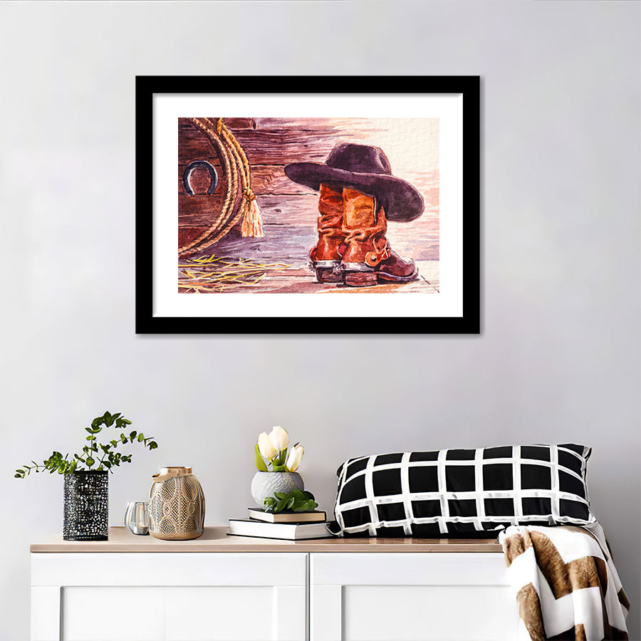 Cowboy Boots And Hat Framed Wall Art - Framed Prints, Art Prints, Home Decor, Painting Prints