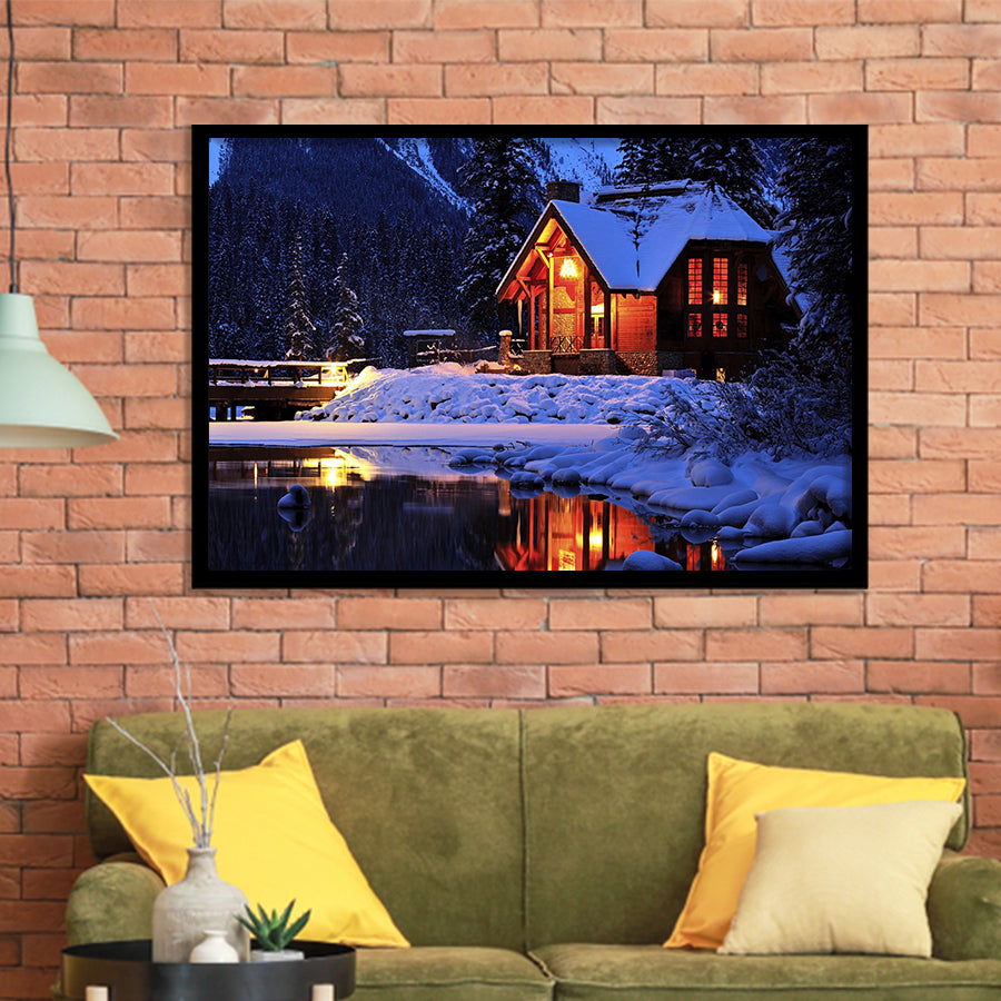 Cozy Winter Cabin Beside The Cold Lake Framed Art Prints Wall Decor - Painting Prints, Wall Art, Framed Picture, Black Frame
