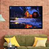 Cozy Winter Cabin Beside The Cold Lake Framed Art Prints Wall Decor - Painting Prints, Wall Art, Framed Picture, Black Frame