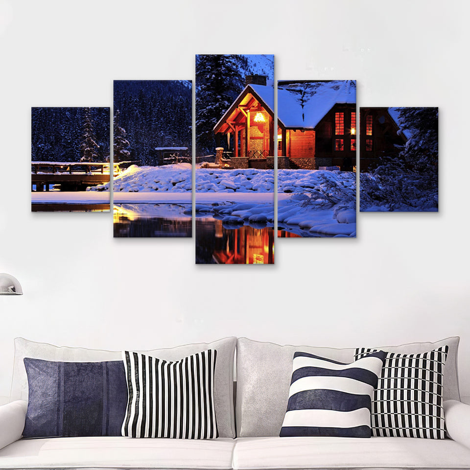 Cozy Winter Cabin Beside The Cold Lake 5 Pieces Canvas Prints Wall Art - Painting Canvas, Multi Panel, Wall Decor, Canvas Art