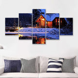 Cozy Winter Cabin Beside The Cold Lake 5 Pieces Canvas Prints Wall Art - Painting Canvas, Multi Panel, Wall Decor, Canvas Art