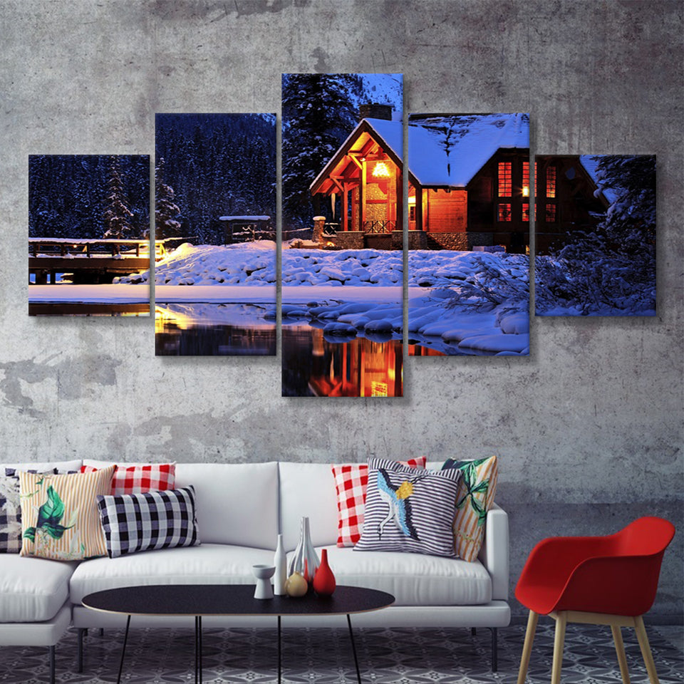 Cozy Winter Cabin Beside The Cold Lake 5 Pieces Canvas Prints Wall Art - Painting Canvas, Multi Panel, Wall Decor, Canvas Art