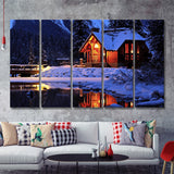 Cozy Winter Cabin Beside The Cold Lake 5 Pieces B Canvas Prints Wall Art - Painting Canvas, Multi Panel, Wall Decor, Canvas Art