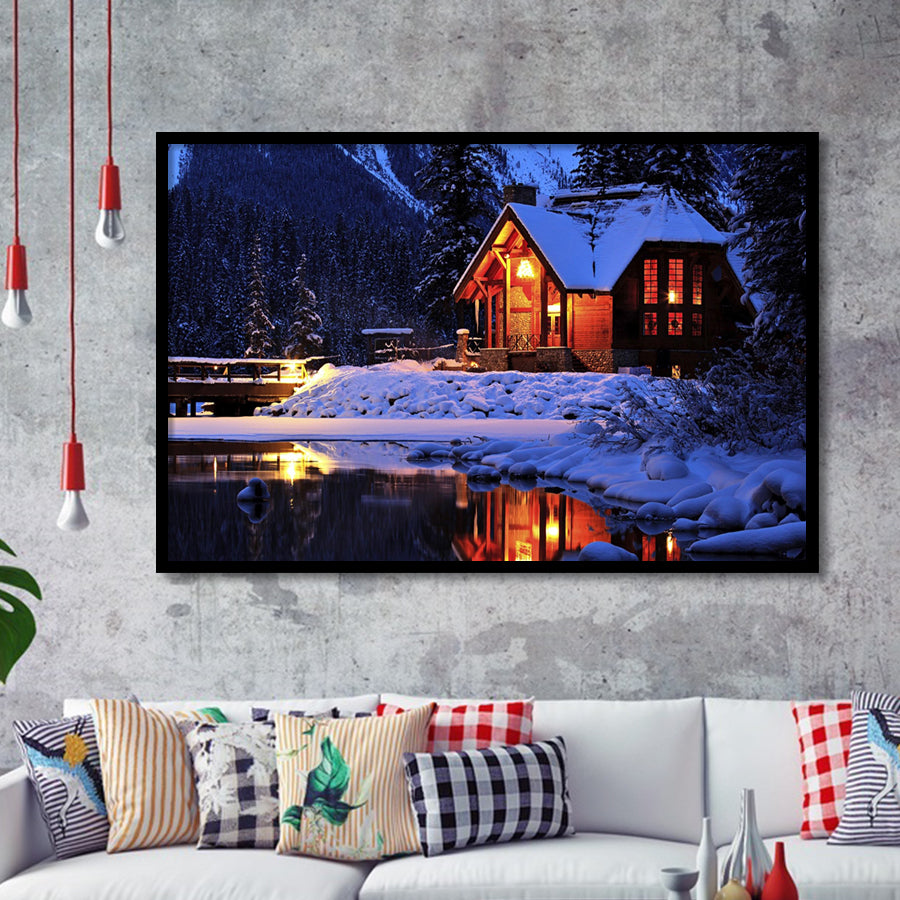 Cozy Winter Cabin Beside The Cold Lake Framed Art Prints Wall Decor - Painting Prints, Wall Art, Framed Picture, Black Frame