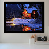 Cozy Winter Cabin Beside The Cold Lake Framed Art Prints Wall Decor - Painting Prints, Wall Art, Framed Picture, Black Frame