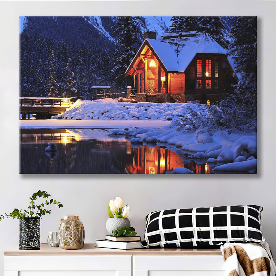 Cozy Winter Cabin Beside The Cold Lake Canvas Prints Wall Art - Painting Canvas, Wall Decor, Canvas Art, For Sale