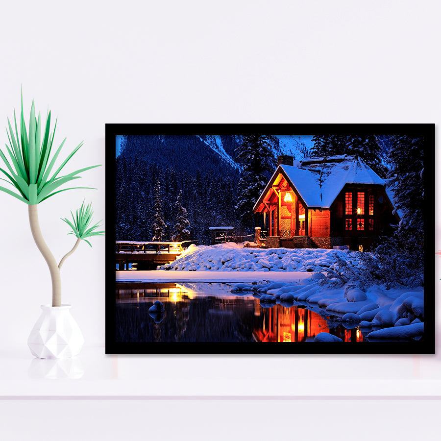 Cozy Winter Cabin Beside The Cold Lake Framed Art Prints Wall Decor - Painting Prints, Wall Art, Framed Picture, Black Frame