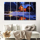 Cozy Winter Cabin Beside The Cold Lake 5 Pieces B Canvas Prints Wall Art - Painting Canvas, Multi Panel, Wall Decor, Canvas Art