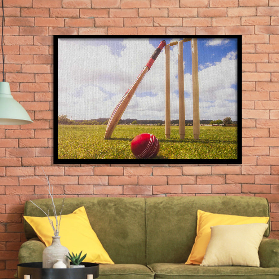 Cricket Bat and Ball with Wickets, Stadium Canvas, Sport Art, Gift for him, Framed Art Prints Wall Art Decor, Framed Picture