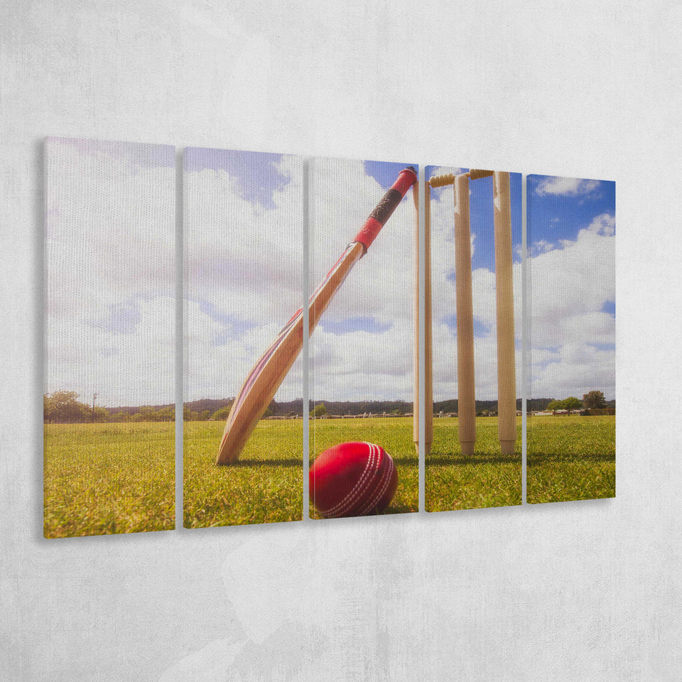 Cricket Bat and Ball with Wickets, Stadium Canvas, Sport Art, Gift for him, Multi Panels B, Canvas Prints Wall Art Decor