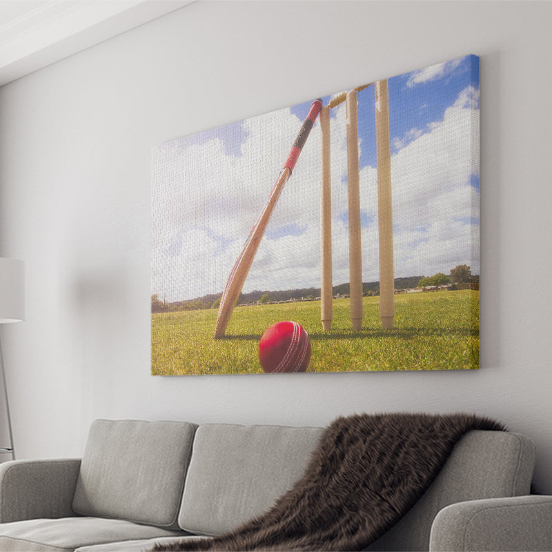 Cricket Bat and Ball with Wickets, Stadium Canvas, Sport Art, Gift for him, Fan Gift, Canvas Prints Wall Art Decor