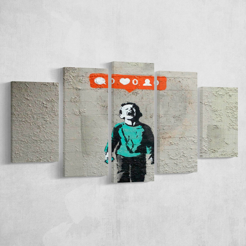 Crying Boy Nobody Likes Me Banksy Style Street Art, 5 Panel Canvas Prints Wall Art,Mixed Canvas, Large Canvas