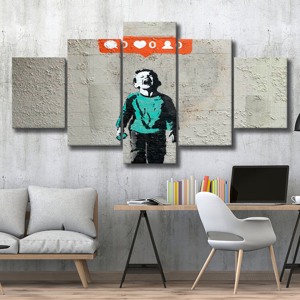 Crying Boy Nobody Likes Me Banksy Style Street Art, 5 Panel Canvas Prints Wall Art,Mixed Canvas, Large Canvas