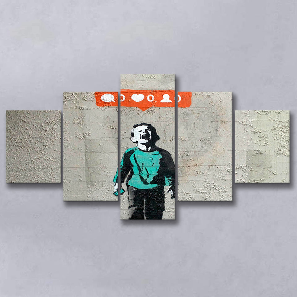Crying Boy Nobody Likes Me Banksy Style Street Art, 5 Panel Canvas Prints Wall Art,Mixed Canvas, Large Canvas