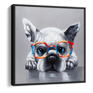 Canvas Wall Art | Cute French Bulldog With Glasses - Animal Art, Framed Canvas, Painting Canvas