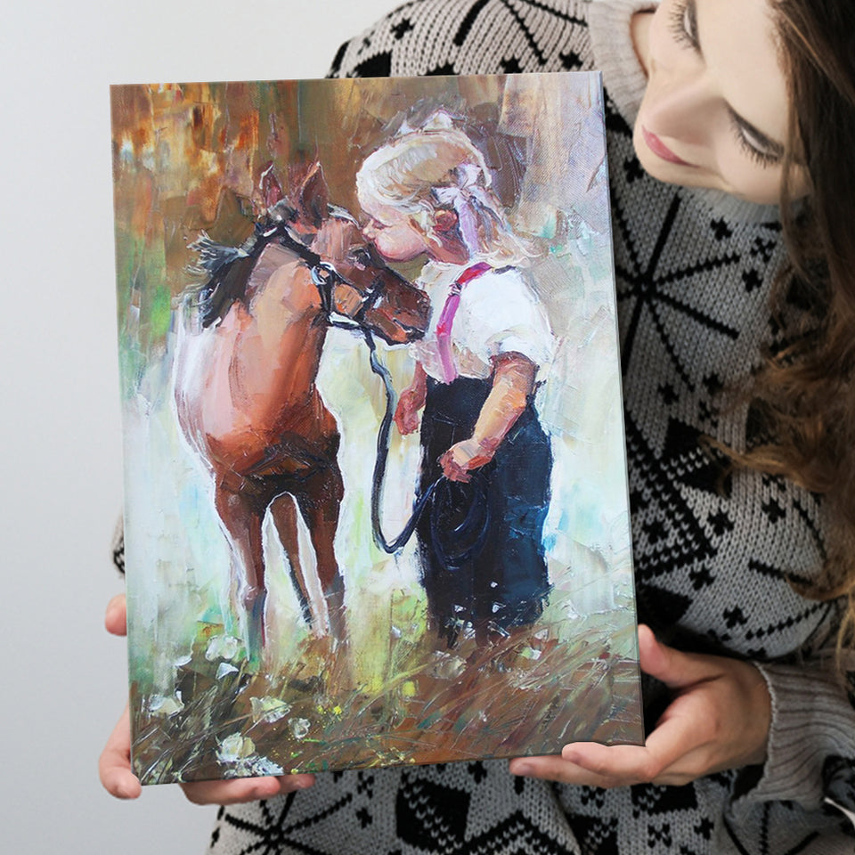 Cute Girl & Her Horse Painting Art  Canvas Prints Wall Art, Home Living Room Decor, Large Canvas