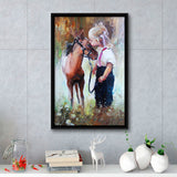 Cute Girl & Her Horse Painting Art  Framed Canvas Prints Wall Art, Floating Frame, Large Canvas Home Decor