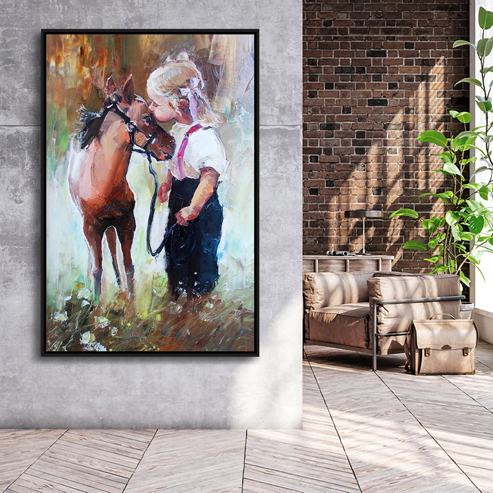 Cute Girl & Her Horse Painting Art  Framed Canvas Prints Wall Art, Floating Frame, Large Canvas Home Decor